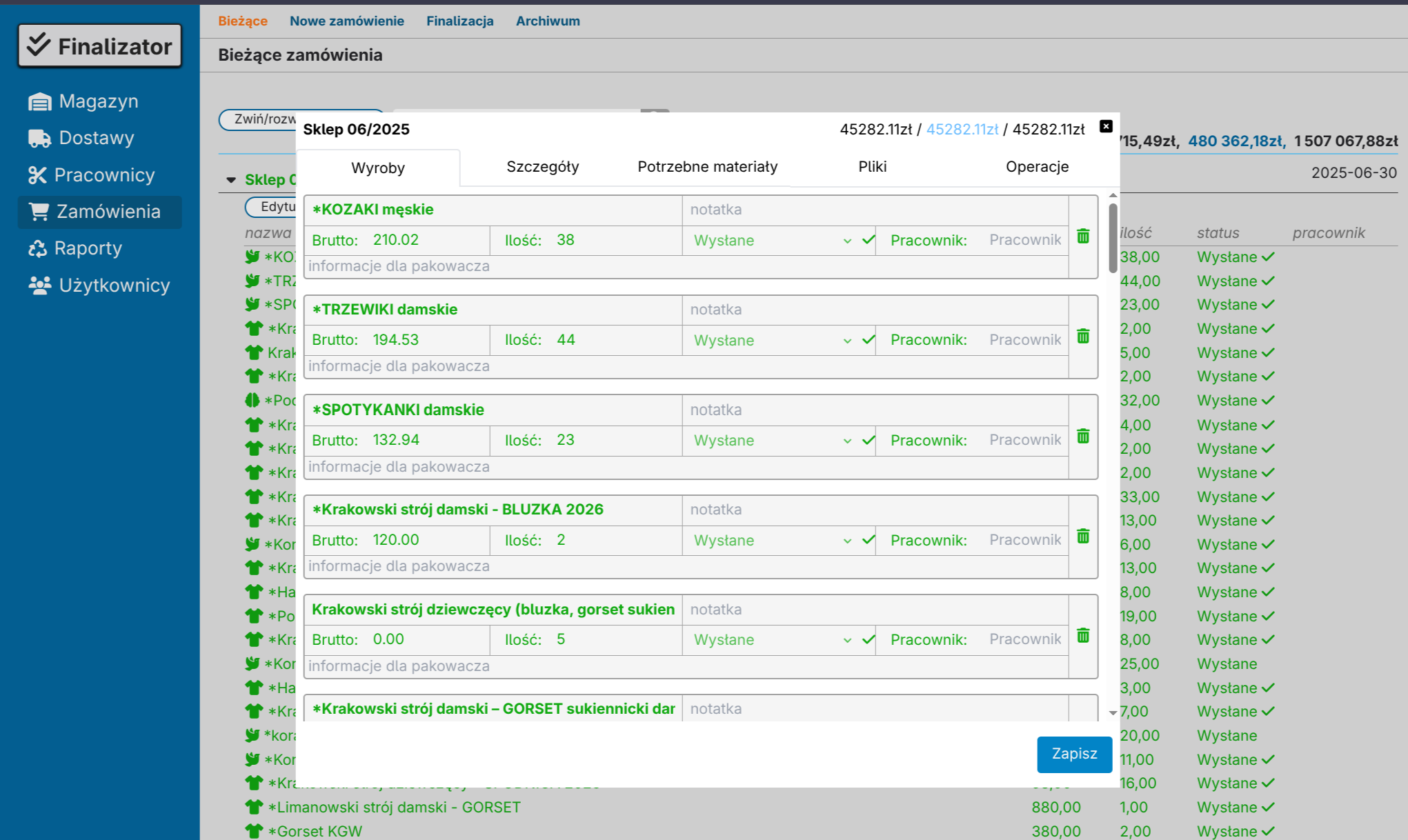 Finalizator - zarządzanie zamówieniami
